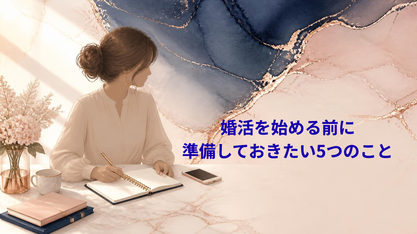ノートに書き込みながら婚活の準備を整理する女性のシルエットと「婚活を始める前に準備しておきたい5つのこと」のタイトルイメージ