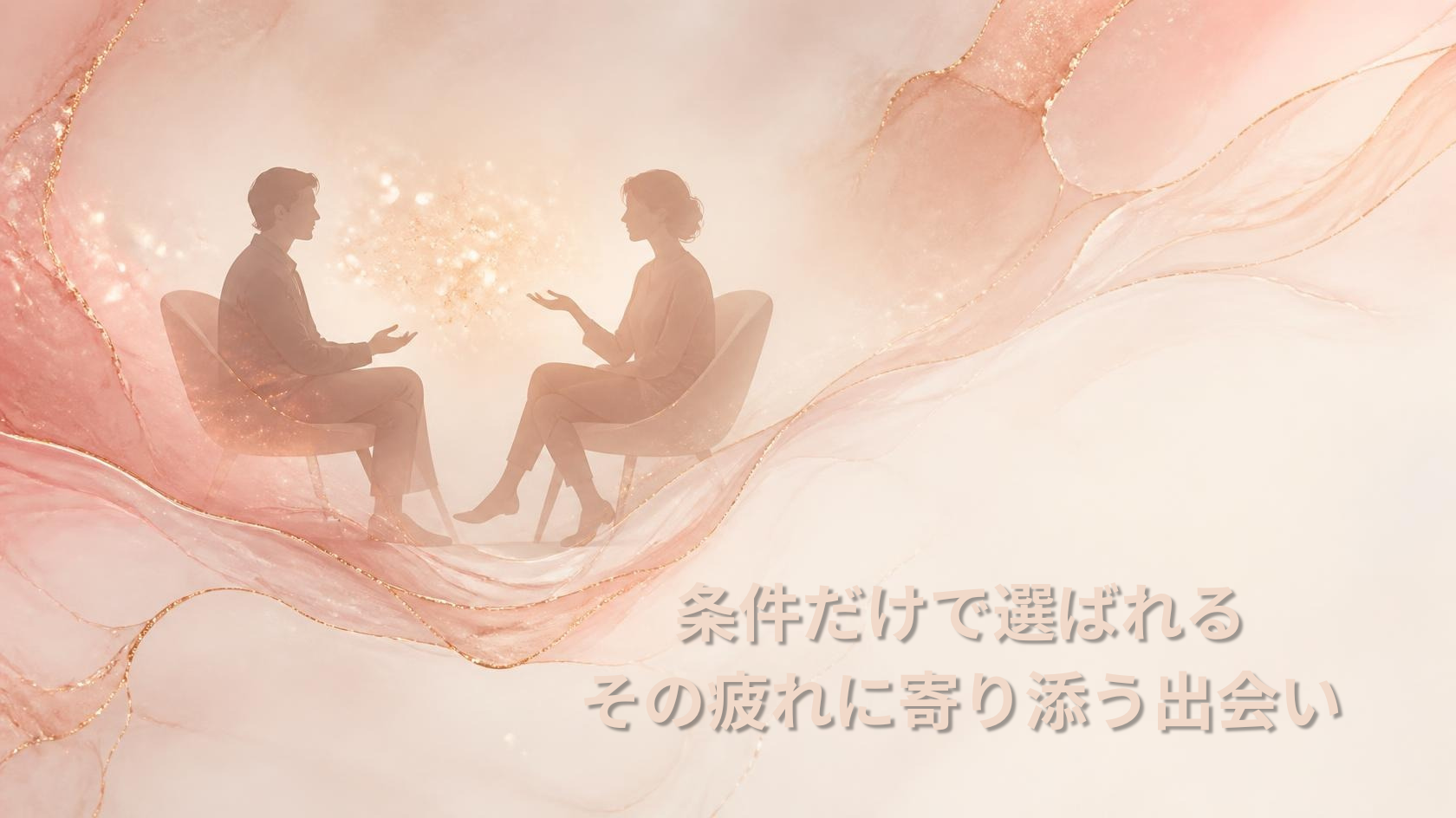 向かい合って穏やかに会話する2人のシルエットと、言葉を象徴する光の粒子。「条件だけで選ばれる、その疲れに寄り添う出会い方」というタイトルを添えたaikata紹介記事のアイキャッチ画像