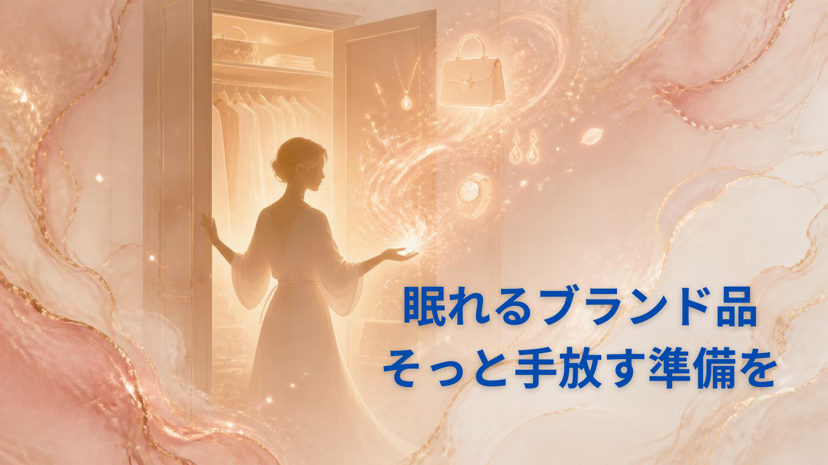 クローゼットを開ける人物のシルエットと、光の粒子となって浮かぶブランドバッグ・時計・ジュエリー。「眠れるブランド品、そっと手放す準備を」というタイトルを添えたブランドオフ宅配買取紹介記事のアイキャッチ画像