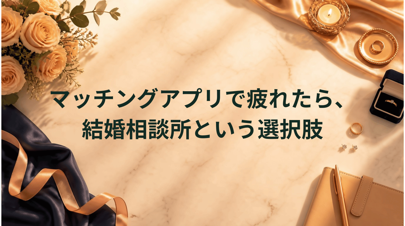 結婚相談所エクセレンス青山を紹介するイメージ、マッチングアプリに疲れた人向けの婚活記事のアイキャッチ画像