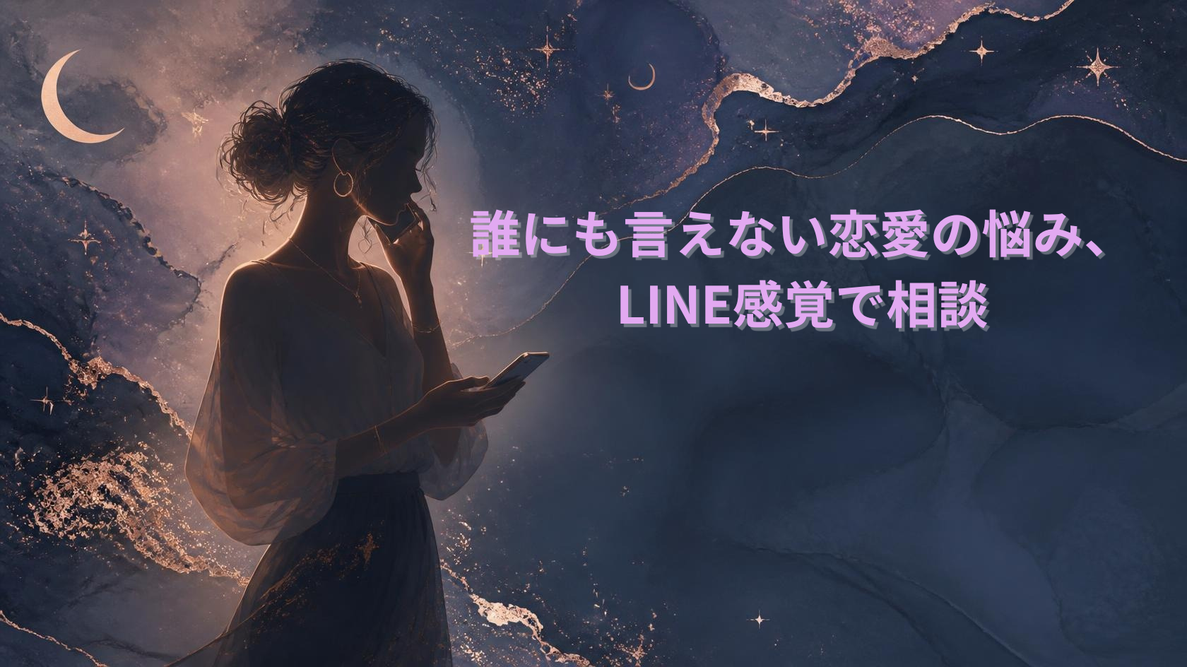 誰にも言えない恋愛の悩みをLINE感覚で相談する女性のイメージイラスト