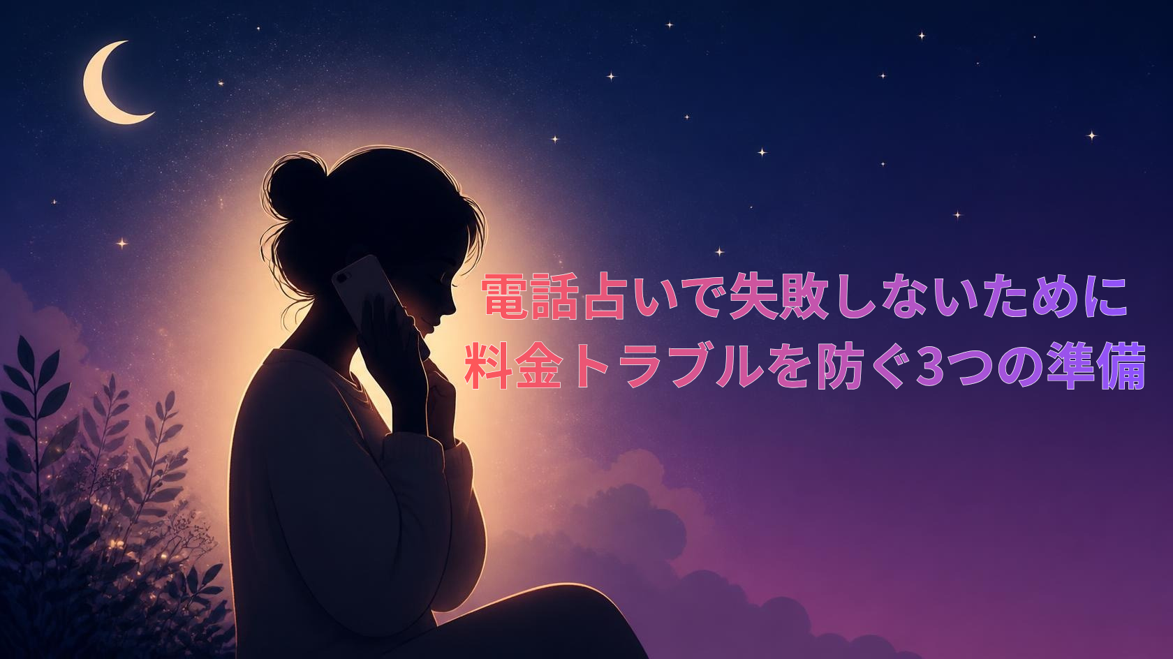 スマートフォンを持ち穏やかに電話をする女性のシルエットと「電話占いで失敗しないために。料金トラブルを防ぐ3つの準備」のタイトルイメージ